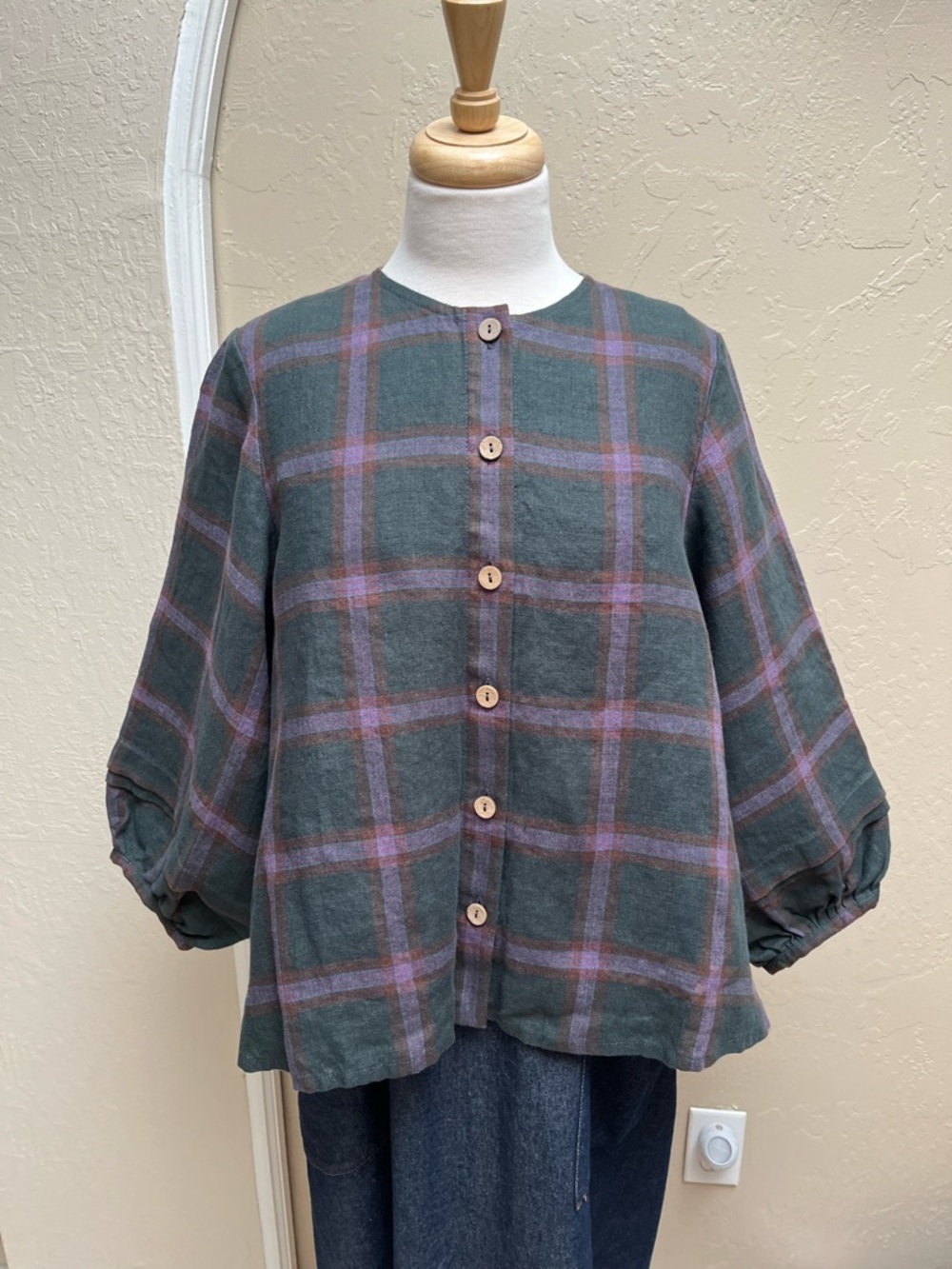 notPERFECTLINEN Elmina Top in Jewel Green Plaid Linen, S/M, NEW